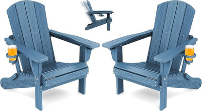 SERWALL Folding Adirondack Chair Set of 2, Adjustable Adirondack Chair with 3 Recline Positions, All Weather HDPE Outdoor Adirondack with Cup Holders, Blue