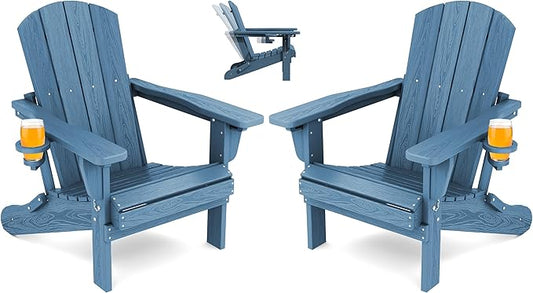 SERWALL Folding Adirondack Chair Set of 2, Adjustable Adirondack Chair with 3 Recline Positions, All Weather HDPE Outdoor Adirondack with Cup Holders, Blue