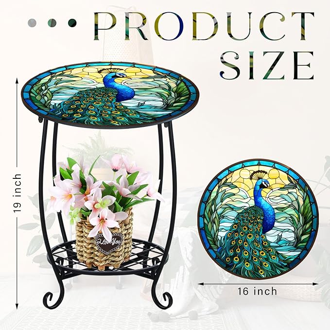 Outdoor Side Table Round Small Mosaic Patio Accent Indoor End Plant Coffee Tea Table for Yard Patio Porch Garden Living Room, Bedroom(Peacock Style,16 Inch)