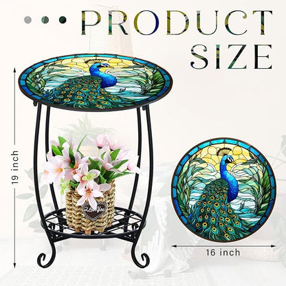 Outdoor Side Table Round Small Mosaic Patio Accent Indoor End Plant Coffee Tea Table for Yard Patio Porch Garden Living Room, Bedroom(Peacock Style,16 Inch)
