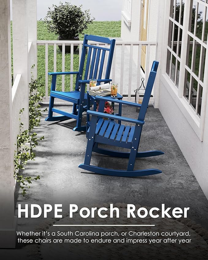GREENVINES Outdoor-Rocking-Chairs-Set-of-4 | HDPE Plastic | Patio Rockers | Porch Rocker Chair | Oversized | High Back | Big & Tall | Blue