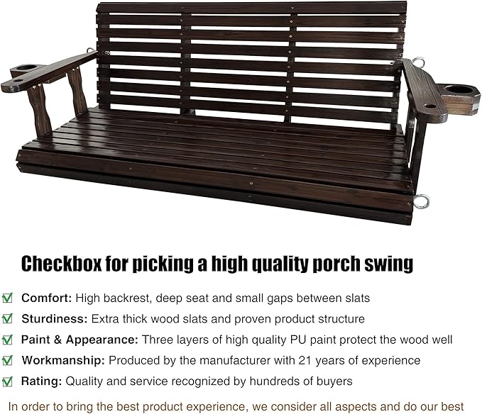 Fortune Candy Wooden Porch Swing 3-Seater, High Backrest and Deep Seat, Bench Swing with Cupholders - Photo 4