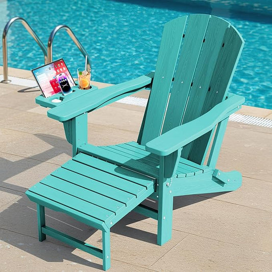 KINGYES Folding Adirondack Chair, Adjustable Backrest with Pull-Out Footrest & 4-in-1 Mobile Phone, Tablet, Cup Holder