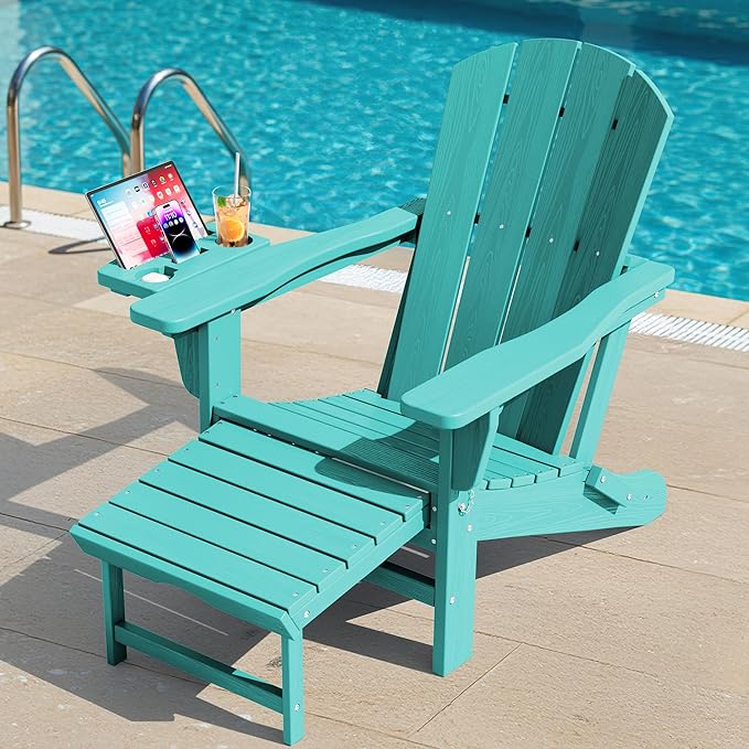 KINGYES Folding Adirondack Chair, Adjustable Backrest with Pull-Out Footrest & 4-in-1 Mobile Phone, Tablet, Cup Holder