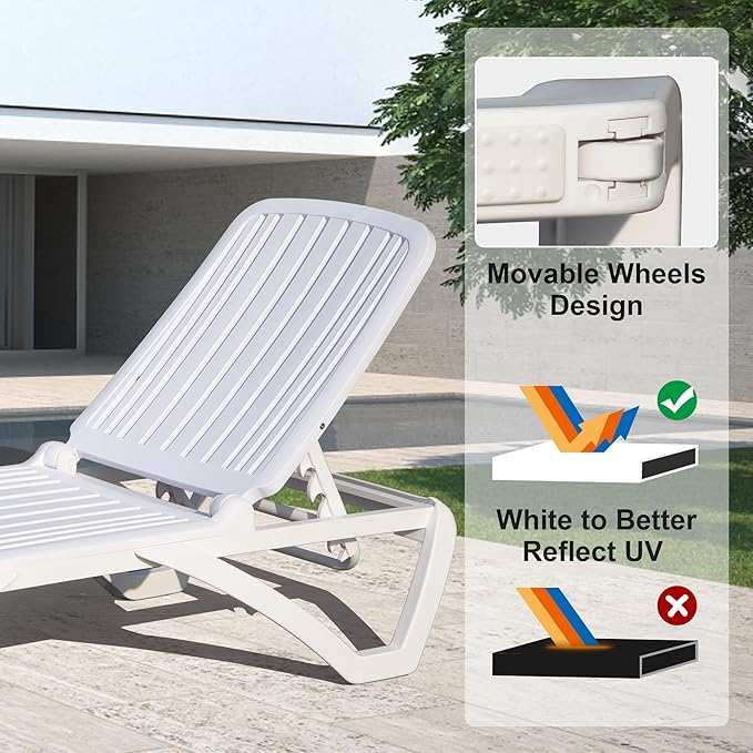 Domi Outdoor Chaise Lounge, Pool Lounge Chair Plastic Adjustable Recliner in-Pool Lounger Tanning Lounge Chair with Table for in-Pool, Beach, Poolside, Lawn, White