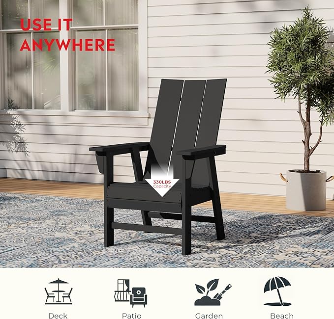 Costaelm Outdoor Adirondack Chair, HDPE Patio Balcony Chair, Portside Seashell Nautical Curveback Adirondack Chair and Fire Pit Chairs, Black