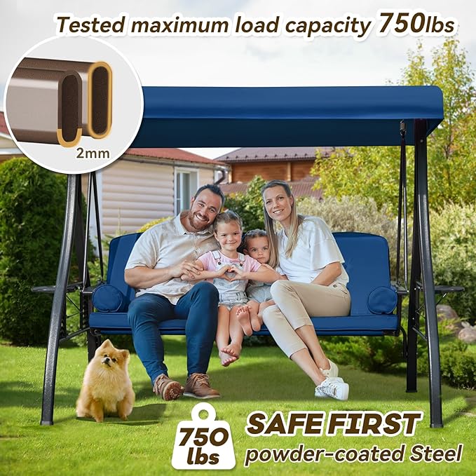 3 in 1 Outdoor Porch Swing with Adjustable Canopy, 3 Seat Outdoor Swing for Adults - Photo 2