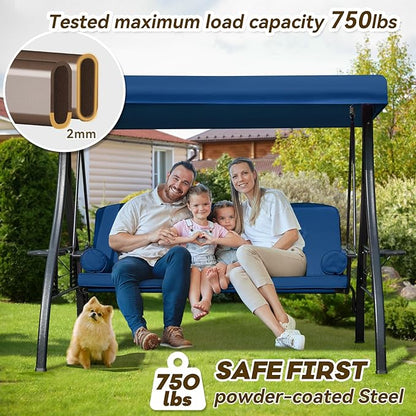 3 in 1 Outdoor Porch Swing with Adjustable Canopy, 3 Seat Outdoor Swing for Adults, Patio Swing Chair with Thickened Cushions,Pillows & Cup Holders for Backyard, Porch, Garden (Blue)