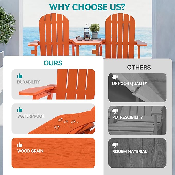 Vongrasig Adirondack Chairs Set of 2 with Removable Tabletop and Footrest, All-Weather HDPE Outdoor Chair Set with Wooden Textured, Cup Holder for Patio, Poolside, Deck, Garden, Orange