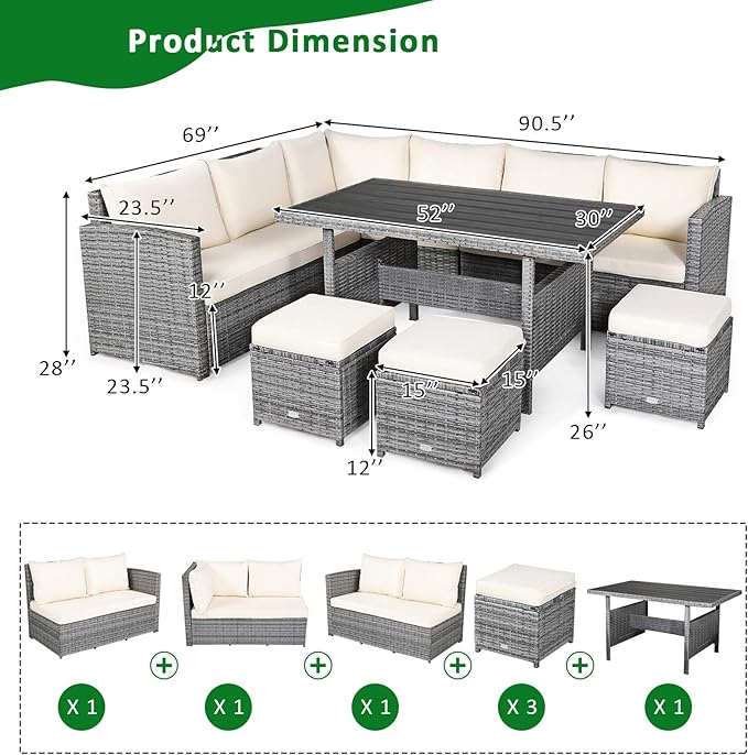 COSTWAY 7 PCS Wicker Outdoor Conversation Set, Patio Sectional Furniture Sofa Set with Table & Seat Cushions, Rattan Furniture Sets for Backyard Garden Poolside Porch, White