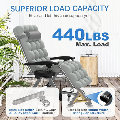 Slendor Zero Gravity Chair, Zero Gravity Lounge Chair with Upgraded Lock and Removable Cushion, Reclining Camping Chair with Cup Holder, Headrest for Indoor Outdoor, Gray