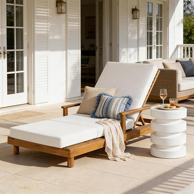 Merax Acacia Wood Outdoor Chaise Lounge Chair Set of 2, 3-Position Adjustable Backrest & 4" Thick 3-Fold Removable Cushion, 76.8" L Modern Patio Sun Lounger for Garden Pool Beach Yard, Cream+Teak