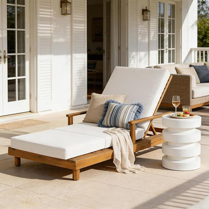 Merax Acacia Wood Outdoor Chaise Lounge Chair Set of 2, 3-Position Adjustable Backrest & 4" Thick 3-Fold Removable Cushion, 76.8" L Modern Patio Sun Lounger for Garden Pool Beach Yard, Cream+Teak