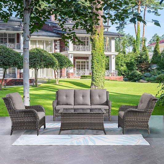 HUMMUH Outdoor Furniture 4 Pieces Patio Furniture Set Wicker Outdoor Sectional Sofa with 2 Patio Chairs,Coffee Table(Grey/Grey)