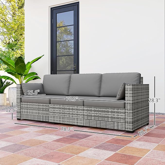 Outsunny Patio Couch PE Wicker Deep Seating Outdoor Sofa with Removable Cushions, 3 Seater Rattan Sofa - Photo 3