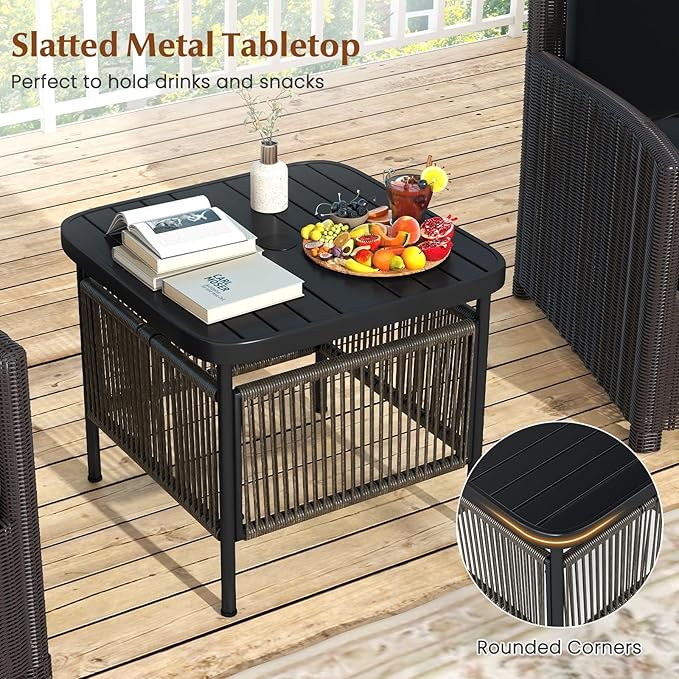 HAPPYGRILL Outdoor Side Table with Umbrella Hole 1.57”, Square Rattan Wicker Coffee Bistro End Table Umbrella Stand, for Backyard Poolside Garden (2)