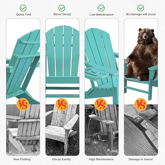 FOOWIN Folding Adirondack Chair, HDPE Adirondack Chairs with Cup Holder - Photo 4
