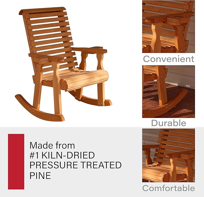 Amish Heavy Duty 600 Lb Roll Back Pressure Treated Rocking Chair with Cupholders (Cedar Stain)