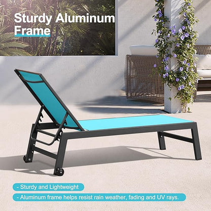 PURPLE LEAF Patio Chaise Lounge Set 4 Pieces Aluminum Outdoor Lounge Chairs with Wheels and Side Table Sunbathing Recliner Turquoise Blue