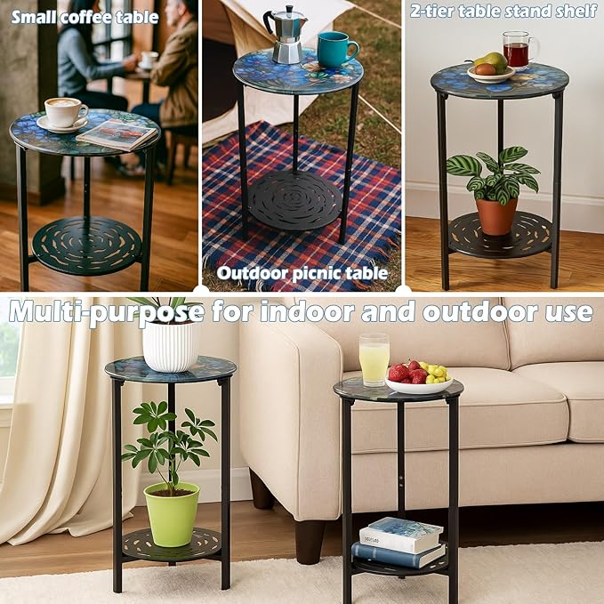 2-Tier Metal Round Side Table Black Accent Coffee Tables Small Space Corner Plant Stand Shelf for Indoor Outdoor Use - Photo 5