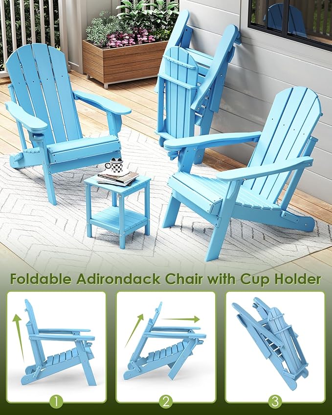 GREENVINES Folding-Adirondack-Chairs-Set-of-2 | HDPE Plastic | Fire Pit Chair | All Weather | Cup Holder | Arctic | for Deck Backyard Patio Outdoor Garden