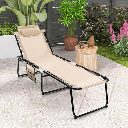 Goplus Chaise Lounge Chair Outdoor, Folding 5-Postion Beach Lounge Chair with Detachable Pillow, Side Pocket, Sunbathing Lounger, Adjustable Tanning Chair for Patio Lawn Pool Yard