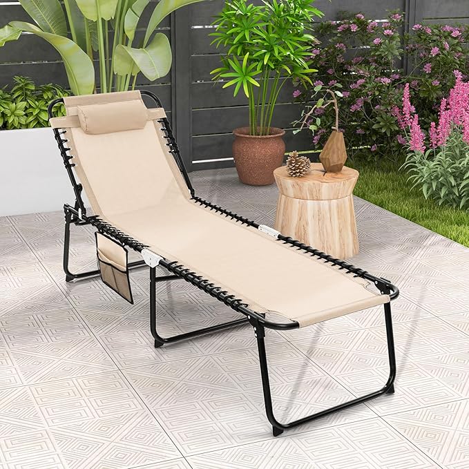 Goplus Chaise Lounge Chair Outdoor, Folding 5-Postion Beach Lounge Chair with Detachable Pillow, Side Pocket, Sunbathing Lounger, Adjustable Tanning Chair for Patio Lawn Pool Yard
