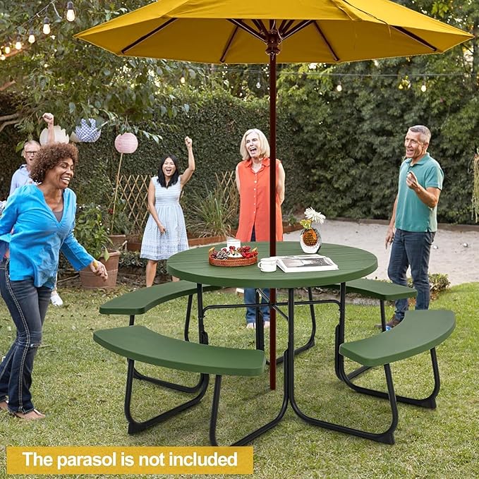 Round Picnic Table for Outdoors, 8 Person Outdoor Picnic Tables & Benches Set with Umbrella Hole - Photo 2