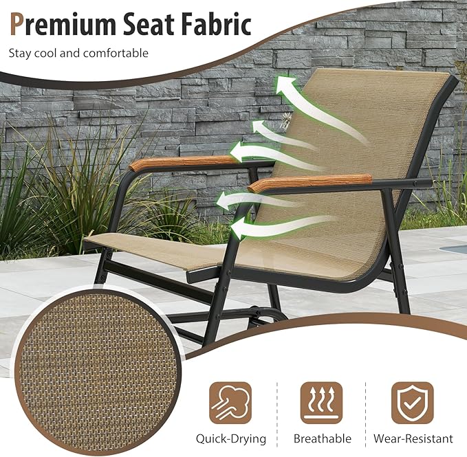 Giantex 3-Piece Outdoor Glider Set, 2-Pack Rocking Chairs with Small Tempered Glass Coffee Table, Metal Frame, Porch Rocker, Patio Bistro Set for Outside, Garden, Backyard, Balcony, Brown