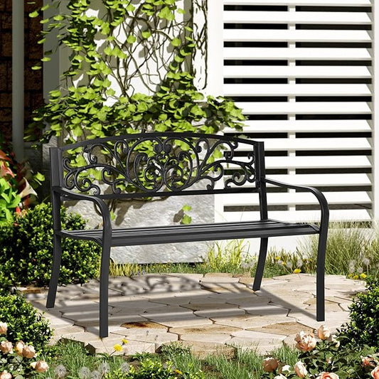 50" Outdoor Bench Metal Garden Bench with Floral Pattern Backrest Porch Bench with Slatted Seat for Park Yard Lawn Black
