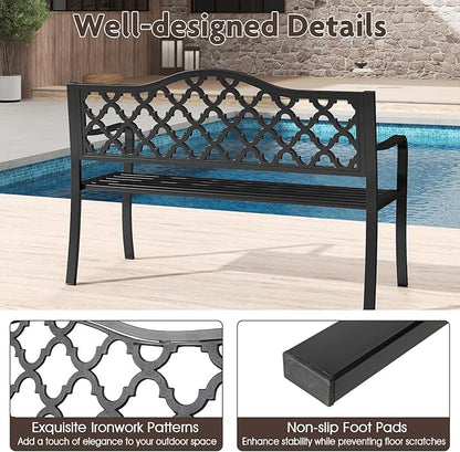 Giantex Metal Outdoor Bench with Backrest, Curved Armrests, Slatted Seat for 2-3 Persons, Load 660 lbs, 47''x16'' Heavy-Duty Seating, Patio Garden Bench for Backyard, Poolside, Porch, Park, Black