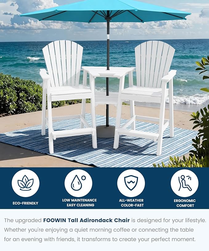 FOOWIN Tall Adirondack Chair Set of 2, All Weather HDPE Bar Height Adirondack Chair with Double Connecting Trays, Adirondack Barstools for Balcony, Deck, Backyard, Patio, Garden White