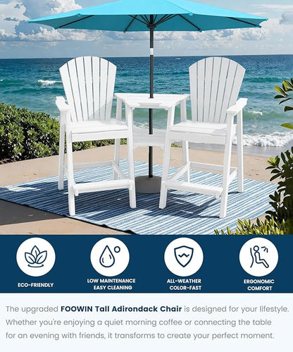 FOOWIN Tall Adirondack Chair Set of 4, All Weather HDPE Bar Height Adirondack Chair with Double Connecting Trays, Adirondack Barstools for Balcony, Deck, Backyard, Patio, Garden White