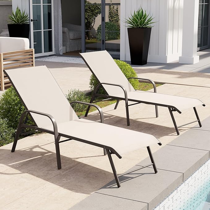 Crestlive Products Chaise Lounge Chair Outdoor with Armrests, Pool Lounge Chairs Set of 2 - Photo 8