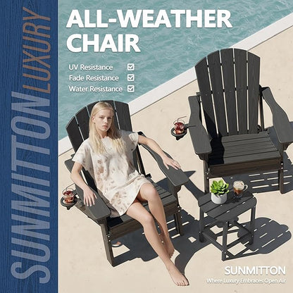 Folding Adirondack Chairs and Table 3-Piece Set, HDPE All Weather Resistant Plastic Outdoor Patio Chairs with Cup Holder, Heavy Duty Fire Pit Seating for Backyard Garden, Wooden Textured(Grey)