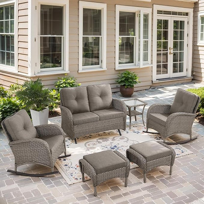Belord 6 Pieces Wicker Patio Furniture Set with Patio Rocking Chairs, High Back Patio Conversation Set Outdoor Loveseat Glider with Ottoman and Rattan Side Table for Sunroom Deck Backyard