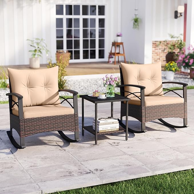 ORALNER 3-Piece Wicker Rocking Chair Set, Outdoor Cushioned Rocker and Acacia Wood Side Table, 400lbs Capacity, PE Rattan Patio Conversation Bistro Set for Porch, Garden, Deck, Poolside, Yard (Beige)