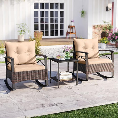 ORALNER 3-Piece Wicker Rocking Chair Set, Outdoor Cushioned Rocker and Acacia Wood Side Table, 400lbs Capacity, PE Rattan Patio Conversation Bistro Set for Porch, Garden, Deck, Poolside, Yard (Beige)