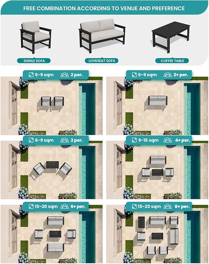 SERWALL Black HDPE Outdoor Loveseat with Khaki Cushions, All Weather Use Outdoor Loveseat Sofa - Photo 8