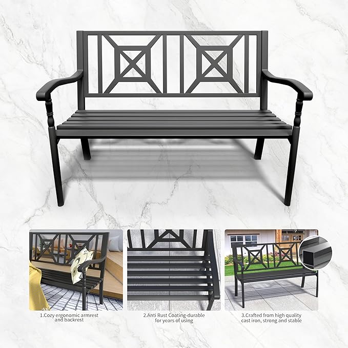YLGJ&TIDY 50 Inches Garden Benches for Outdoor Patio Bench with Pattern Backrest Armrest Weatherproof Park Benches Metal Bench for Garden Park Porch Lawn Yard (BENCH05)