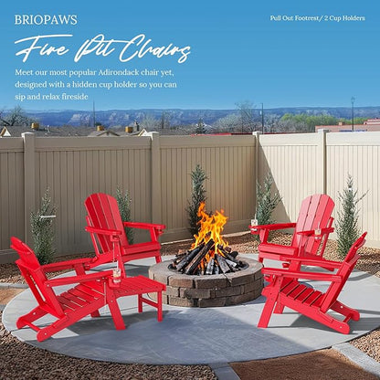 BRIOPAWS Adirondack-Chairs-with-Pull-Out-Footrest | Set of 2 | Folding | HDPE Plastic | Fire Pit Chair | All Weather | Cup Holders | Curved Back | Retractable Ottoman | for Poolside Deck | Red
