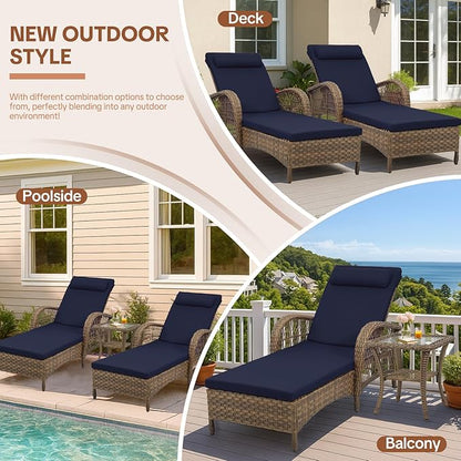 HOMEDIARY 3-Piece Outdoor Wicker Lounge Chair Set, Patio Chaise Loungers Set of 2 w/Side Table, 6-Position Adjustable Poolside Sunbathing Recliner, Armrest and Head Pillow, Fade-Resistant, Navy Blue