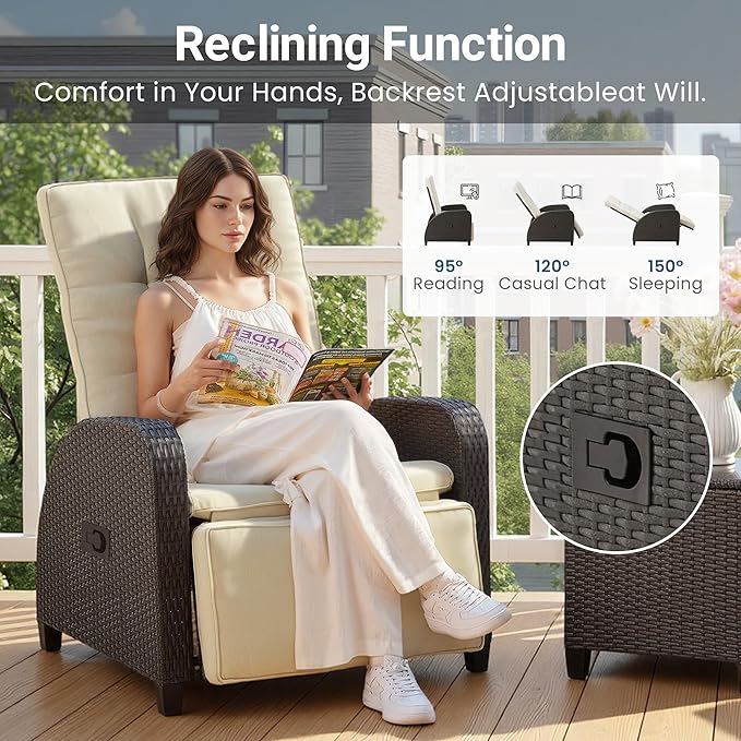 Green4ever Outdoor Patio Recliner with Adjustable Backrest and Footrest, All-Weather Wicker Patio Chair, 160° Lay Flat Patio Reclining Lounge Chair for Garden Backyard, Beige