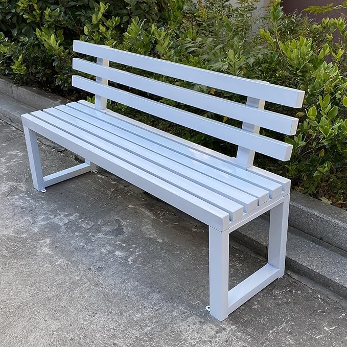 Outdoor Metal Garden Bench with Back,Heavy Duty Park Bench for Outside,Commercial Long Benches for Lawn, Backyard, Park, Patio, Porch(100cm/39.3", White)