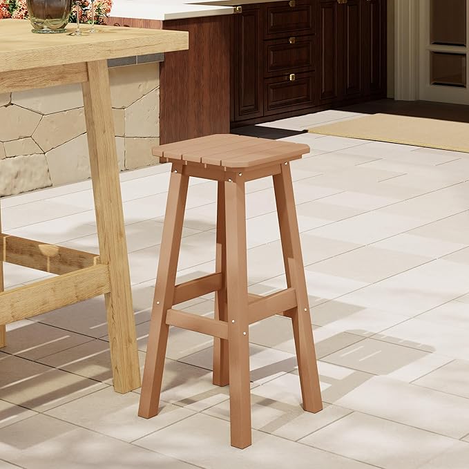 Costaelm 29" Height Outdoor Bar Stools, All-Weather Bar Stools, Adirondack Poly Patio Square Bar Stool for Patio, Deck, Kitchen Counter and Garden, Teak