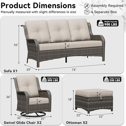 5 Piece Outdoor Wicker Patio Furniture Set, Outdoor Swivel Rocker Patio Chairs Set with Thickened Olefin Cushions, High Back and Deep Seating, Hand-Woven PE Rattan for Porch, Deck