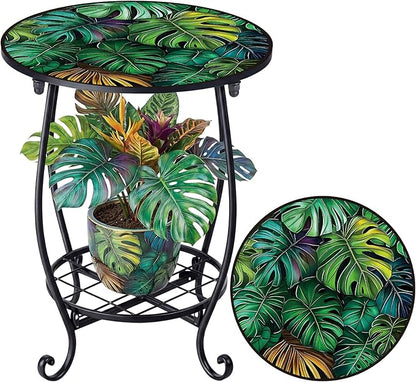 Outdoor Side Table Round Small Mosaic Patio Accent Indoor End Plant Coffee Tea Table for Yard Patio Porch Garden Living Room, Bedroom (Monster Leaf Style,14 Inch)