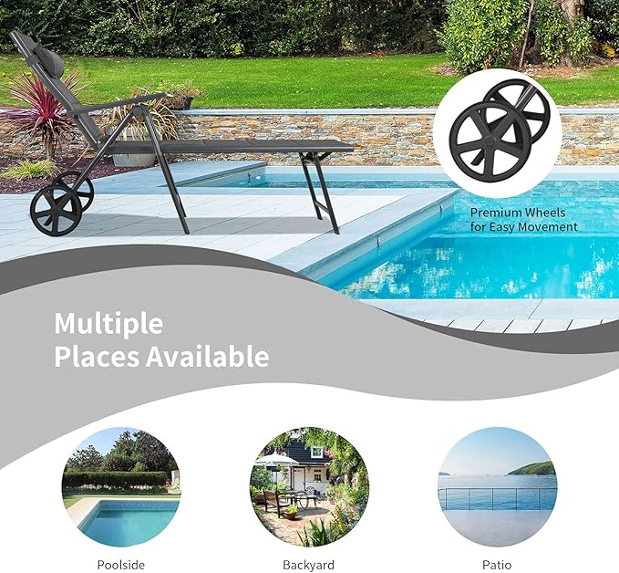 Tangkula 2 Pieces Patio Chaise Lounge W/Wheels, Outdoor Folding Padded Lounge Chair W/ 7-Position Backrest - Photo 9