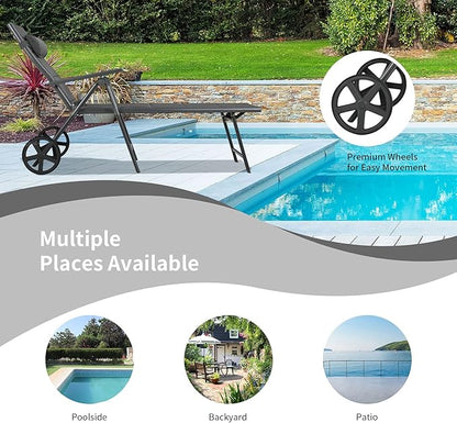 Tangkula 2 Pieces Patio Chaise Lounge W/Wheels, Outdoor Folding Padded Lounge Chair W/ 7-Position Backrest, Removable Headrest, Aluminum Reclining Chair, Suitable for Deck, Porch, Poolside (2, Grey)