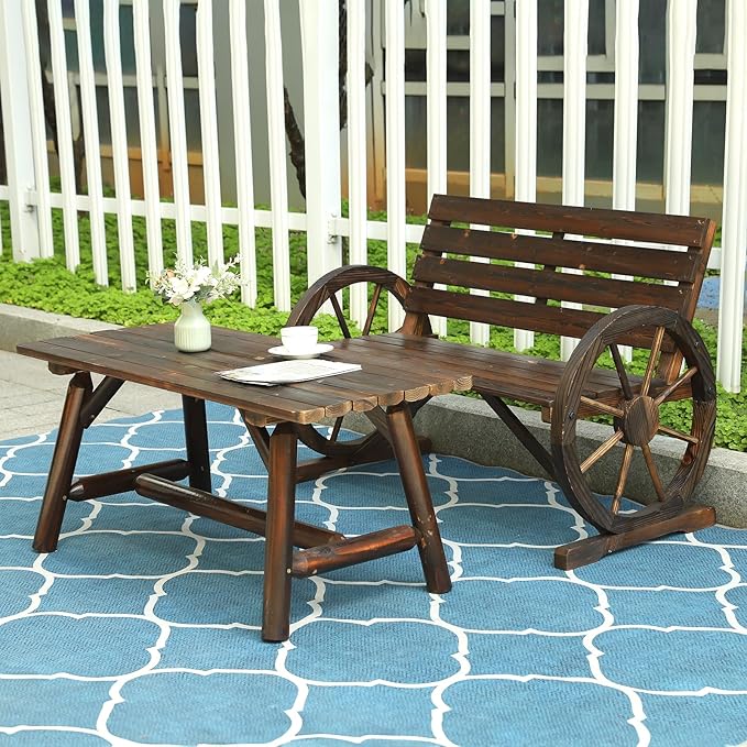 2-Piece Wooden Wagon Wheel Bench Set with Coffee Table, 2-Person Rustic Wood Garden Bench W/Wagon Wheel Armrests & Slatted Backrest, Outdoor Patio Loveseat Furniture Set for Lawn Yard Park